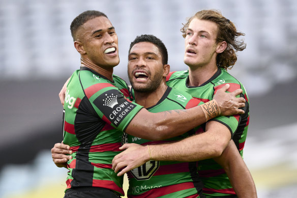 Taane Milne celebrates scoring one of his two tries against the Tigers.