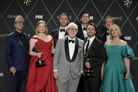 Succession cast from left: Alan Ruck, Sarah Snook, Alexander Skarsgard, Brian Cox, Nicholas Braun, Kieran Culkin, Matthew Macfayden, and J. Smith-Cameron.