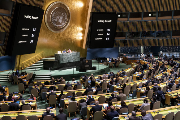 A completed resolution vote tally to affirm the suspension of the Russian Federation from the UN Human Rights Council.