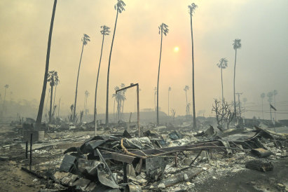 A mobile home park is destroyed along Pacific Coast Highway in Pacific Palisades, California.