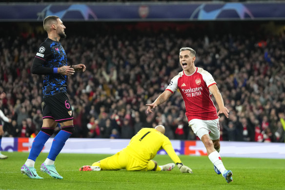 Leandro Trossard celebrates the first goal in Arsenal’s 2-0 win over Europa League champions Sevilla.