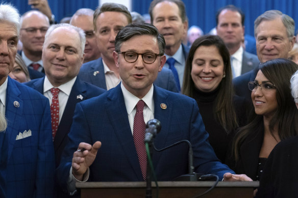 Representative Mike Johnson speaks after he was chosen as the Republicans latest nominee for House speaker at a Republican caucus meeting at the Capitol in Washington.