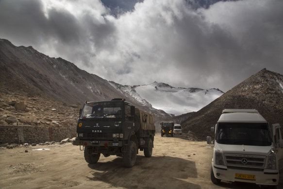 An Indian Army truck crosses Chang la pass near Pangong Lake in Ladakh region, India, in 2018. Indian and Chinese soldiers are again in a bitter stand-off in the remote and picturesque border region.