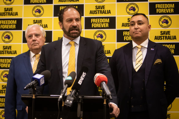 Clive Palmer, Geoff Shaw and Senator Ralph Babet at the UAP announcement on Wednesday.  