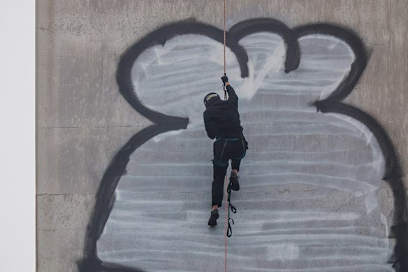 The alleged Pam the Bird graffiti artist descends from the Bolte Bridge pylon in July.
