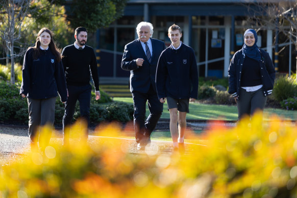 Bayside College senior campus principal Milan Matejin (centre) with year 11 student Mia Molloy, senior teacher Sam Levy, year 11 student Cal Watkins and year 12 student Fatima El Haouli.