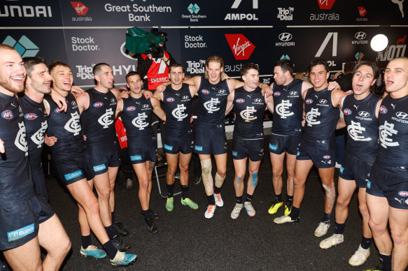 Carlton celebrates getting back on the winners’ list against Melbourne after consecutive losses to Geelong and Collingwood.