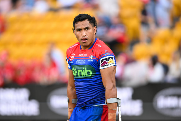 Jacob Saifiti injured his ankle in the Newcastle Knights win over the Dolphins.