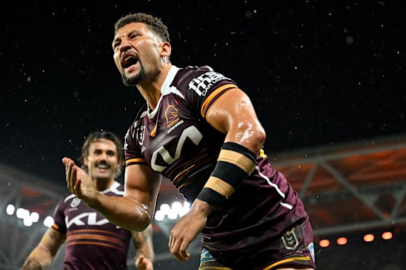 Gehamat Shibasaki celebrates scoring a try with the Broncos in last year’s NRL season.
