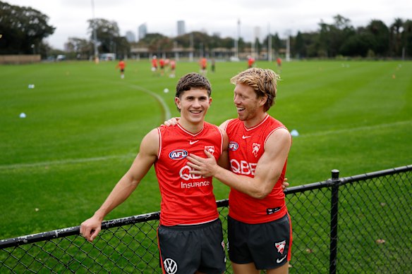 Sydney Swans captain Callum Mills congratulates Harry Kyle on his debut. Mills and Kyle both grew up playing rugby in Sydney before switching to AFL.