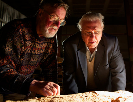 Sir David Attenborough and Dr Alex Ritchie in Canowindra where a large fish fossil site was partly excavated, 2013.