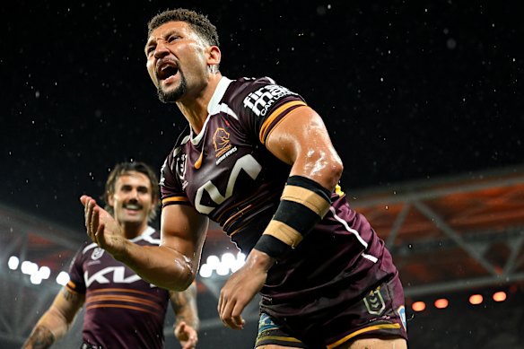Gehamat Shibasaki celebrates a try for Brisbane.