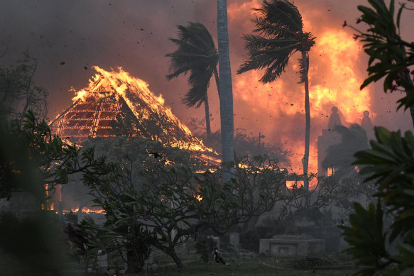 The hall of historic Waiola Church in Lahaina and nearby Lahaina Hongwanji Mission burn in Lahaina, Hawaii. 