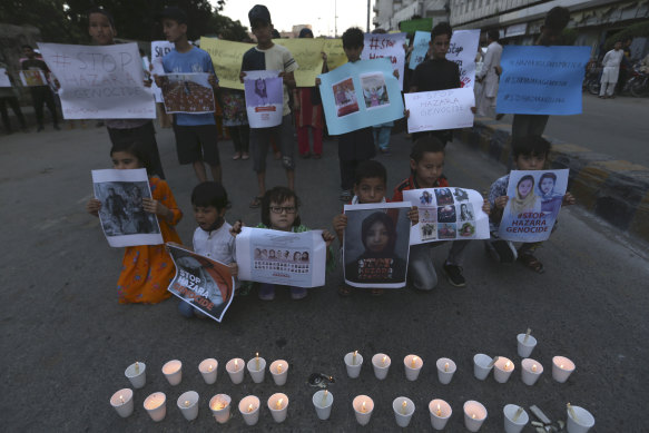 Members of  the Pakistani Hazara community protest against the suicide bomb attack on a Hazara education centre, in Kabul, Afghanistan,  in October.