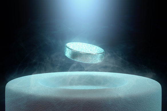 An artist’s conception of magnetic levitation above a superconductor. 