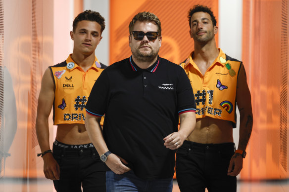 Teammates Ricciardo and Lando Norris with TV host James Corden in Miami.