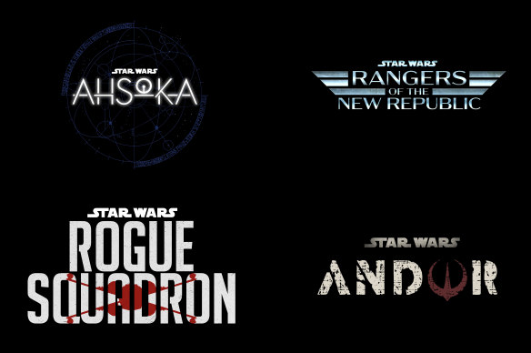 Title treatments for four new Star Wars projects unveiled at the 2020 Disney investor day in Los Angeles.