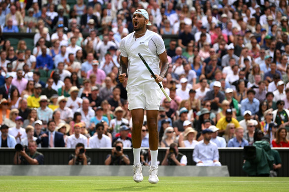 Nick Kyrgios of Australia celebrates a point against Brandon Nakashima.