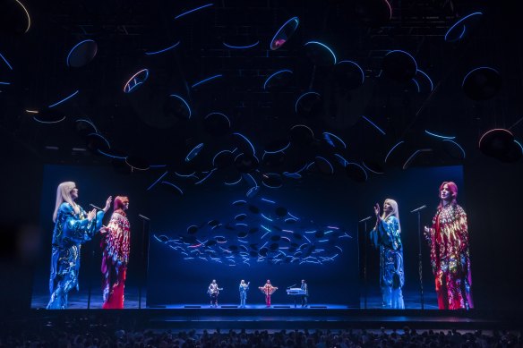 ABBA’s simulacrums on stage at ABBA Arena in London.