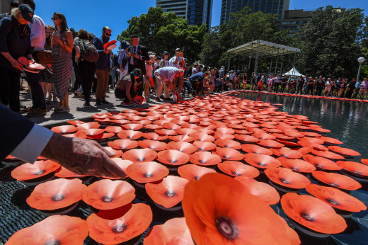 Poppy cascade at the Anzac Memorial in Hyde Park in 2018.
