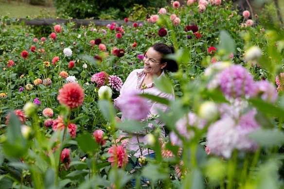 Jen Foster in her fields of dahlias at her flower farm in Penrose, NSW.