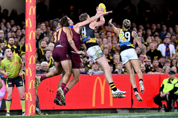 The Tigers’ Tom Lynch takes a mark during the fast and frenetic elimination final between Richmond and Brisbane.