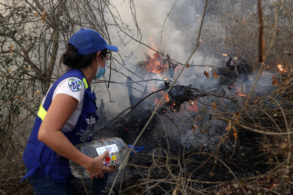 A volunteer works to put out a fire in Aguas Calientes on the outskirts of Robore, Bolivia, on Saturday.