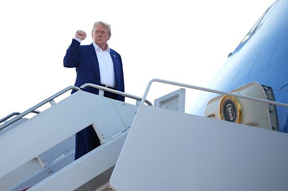 US President Donald Trump boards Air Force One to depart for the 2025 NATO Summit.