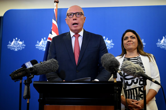 Opposition Leader Peter Dutton and Coalition spokeswoman for Indigenous Australians, Jacinta Nampijinpa Price, in Brisbane.