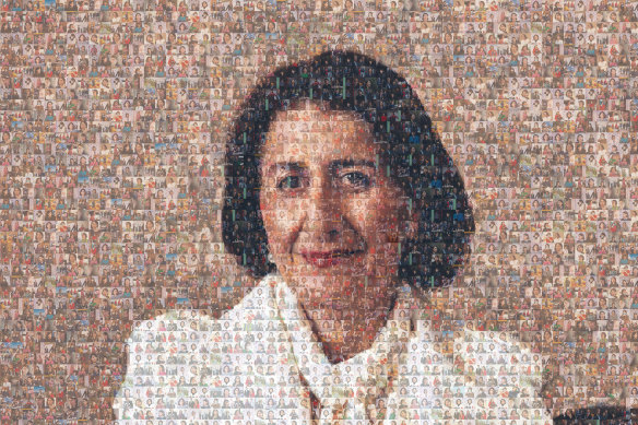 A composite mosaic photo of NSW Premier Gladys Berejiklian made with photos from her daily COVID-19 updates this year.