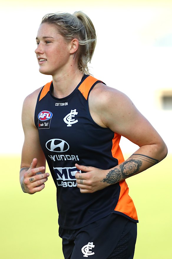Carlton star Tayla Harris training earlier this year.