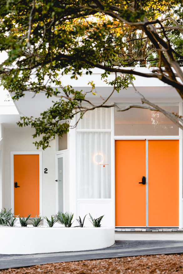 Part of The Berry View Hotel’s Palm Springs-inspired facade.