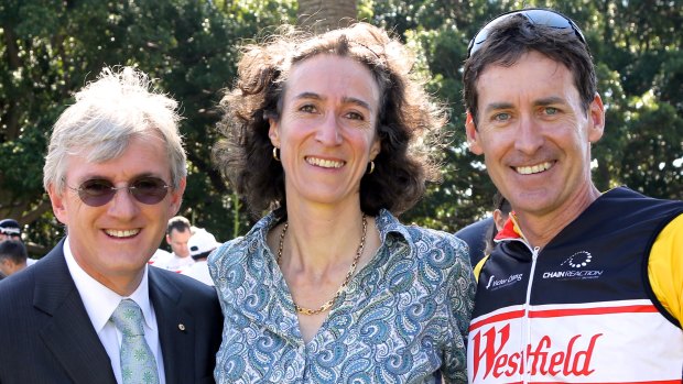 Steven Lowy, left, and Mark Ryan, right, with Sally Dunwoodie.
