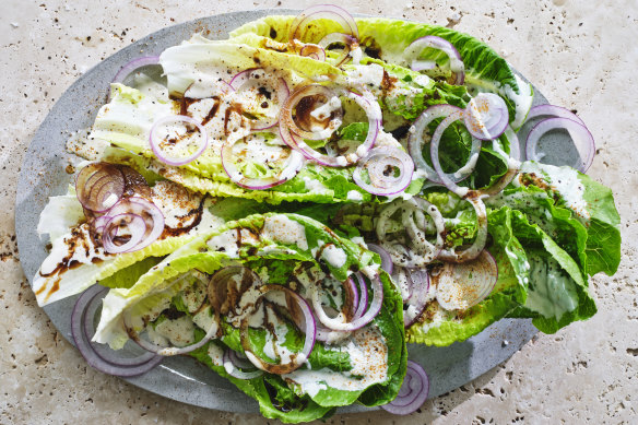 The dressing on this cos lettuce salad can also be used as a dip for pita.