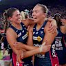 Melbourne Vixens Kate Eddy and Hannah Mundy of the Vixens celebrate.