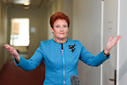 One Nation leader Senator Pauline Hanson during a doorstop interview in the press gallery at Parliament House.