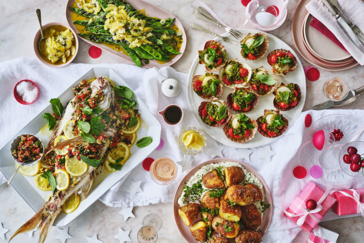 Clockwise from left: Julia Busuttil Nishimura’s Maltese-style stuffed snapper; Karen Martini’s grilled Romano beans with braised lemon, garlic and dill; Danielle Alvarez’s baked scallops with tomatoes and herbed breadcrumbs; Karen Martini’s roasted potatoes with herbed fromage blanc.