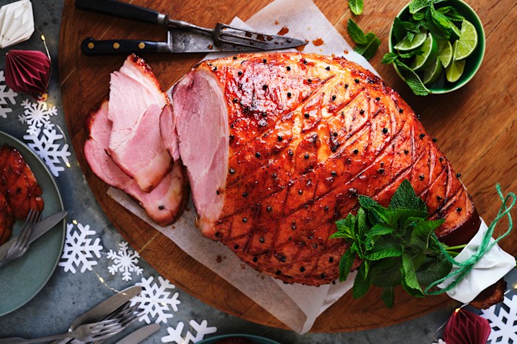Rum and ginger glazed ham.