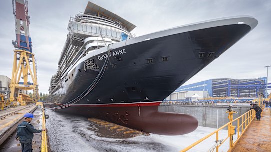 Seawater floods the drydock at the Fincantieri Marghera shipyard in Venice, Italy during Queen Anne’s float out in May.