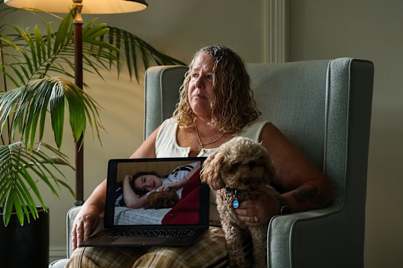 Lee Johnson with Bluey, who was her daughter’s dog and is now a comfort dog for Lee and the family.
Lee Johnson’s child, Bellamy Nieto, died by suicide at Swanston Centre – a mental health facility in Geelong. The family is suing Barwon Health over Bellamy’s death.