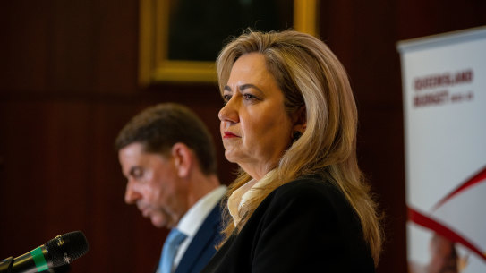 Treasurer Cameron Dick and Premier Annastacia Palaszczuk discuss the 2022-23 state budget at a press conference in Brisbane.