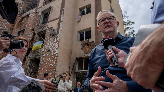 Prime Minister Anthony Albanese inspects apartment buildings damaged by Russian shelling during his visit to Irpin, on the outskirts of Kyiv, Ukraine.