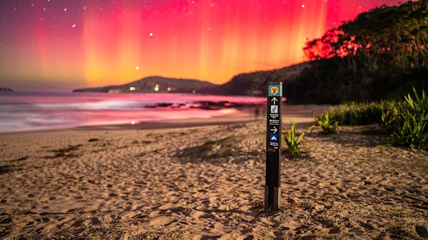 The aurora australis captured at Pebbly Beach on the NSW south coast. The phenomenon was spotted as far north as Byron Bay.
