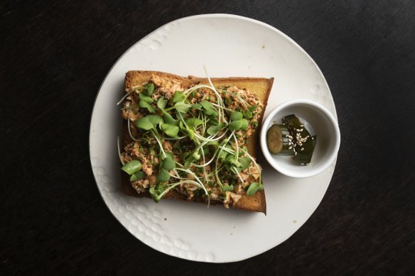 The fish toast is served on shokupan with salmon, kingfish and tuna.