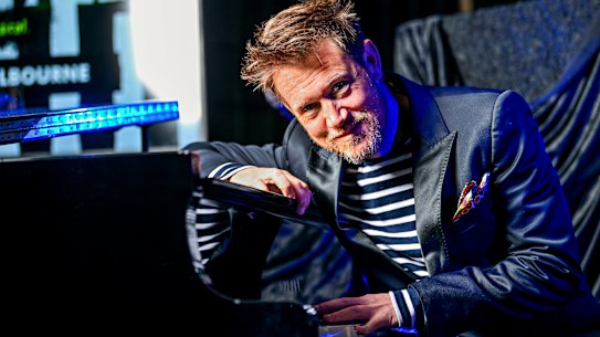 Eddie Perfect in Melbourne on Monday morning to announce his hit show Beetlejuice will be heading to Australia.