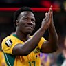 Australia’s Nestory Irankunda celebrates the win over Turkey.