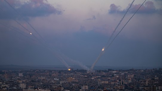 Rockets being fired towards Israel from the Gaza Strip.