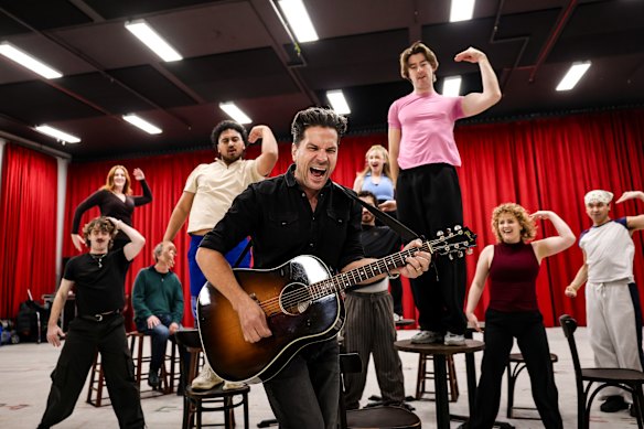 A media preview rehearsal for the Australian premiere of A Beautiful Noise - The Neil Diamond Musical, starring Will Swenson (front) as Neil Diamond.
