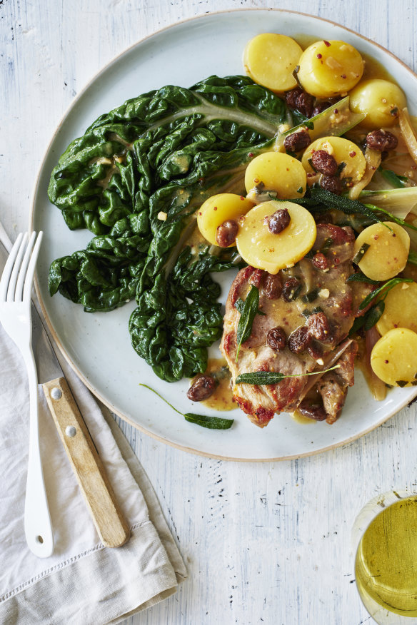 Lemony pork neck steaks with sultanas and mustard.