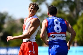 Charlie Curnow shares a laugh with former Carlton teammate Matt Kennedy.